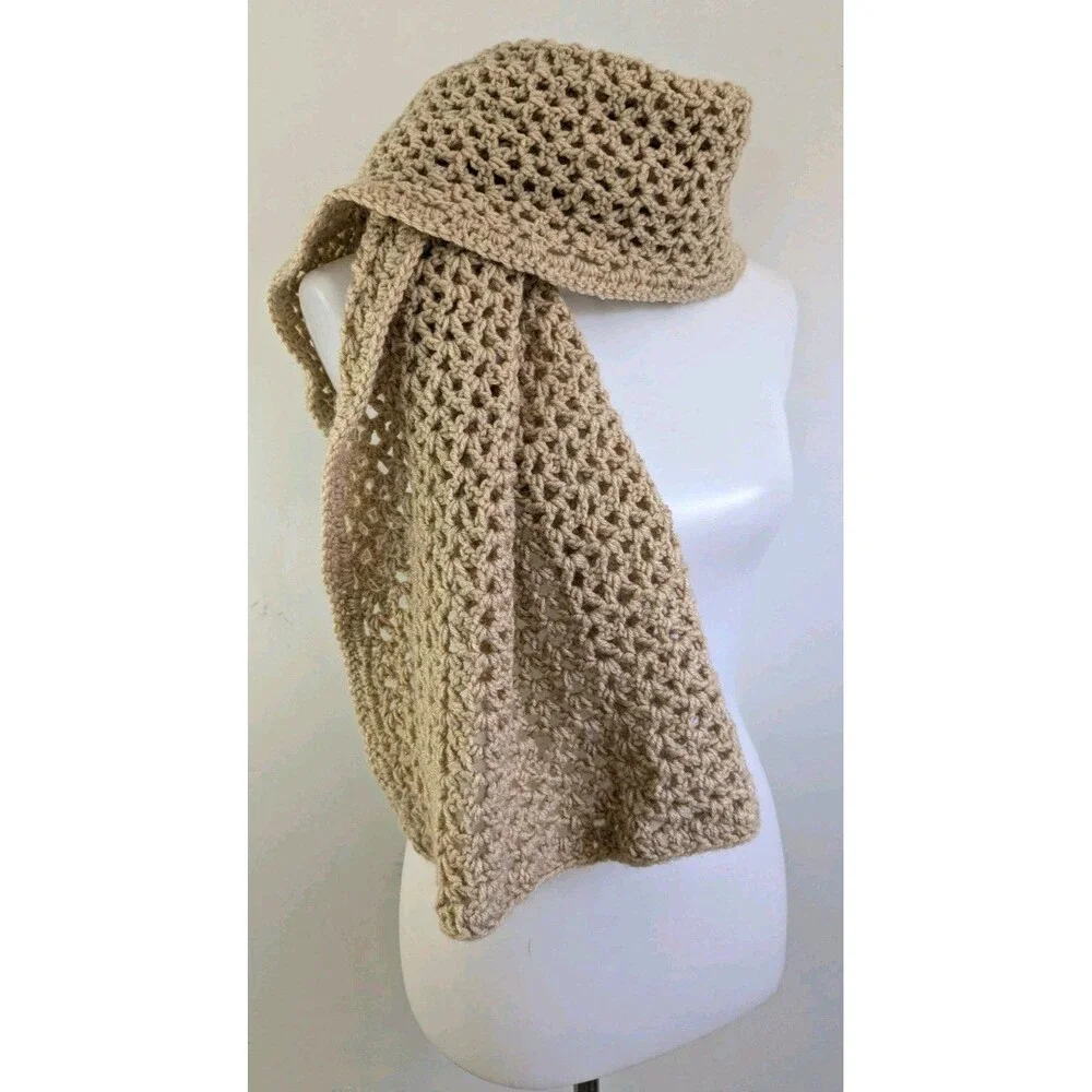 Handmade Crochet Knit Scarf Wide Beige Tan Neck Wrap Soft Boho Neutral Cottage
